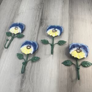 Set of 4 Vintage Hand Painted Pansy Wall Hooks Cottagecore Grandmacore